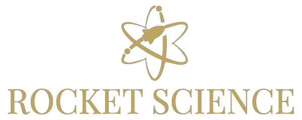 Gold Rocket Science logo with an atom symbol and the words 'ROCKET SCIENCE' on a white background.