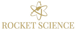 Gold Rocket Science logo with an atom symbol and the words 'ROCKET SCIENCE' on a white background.