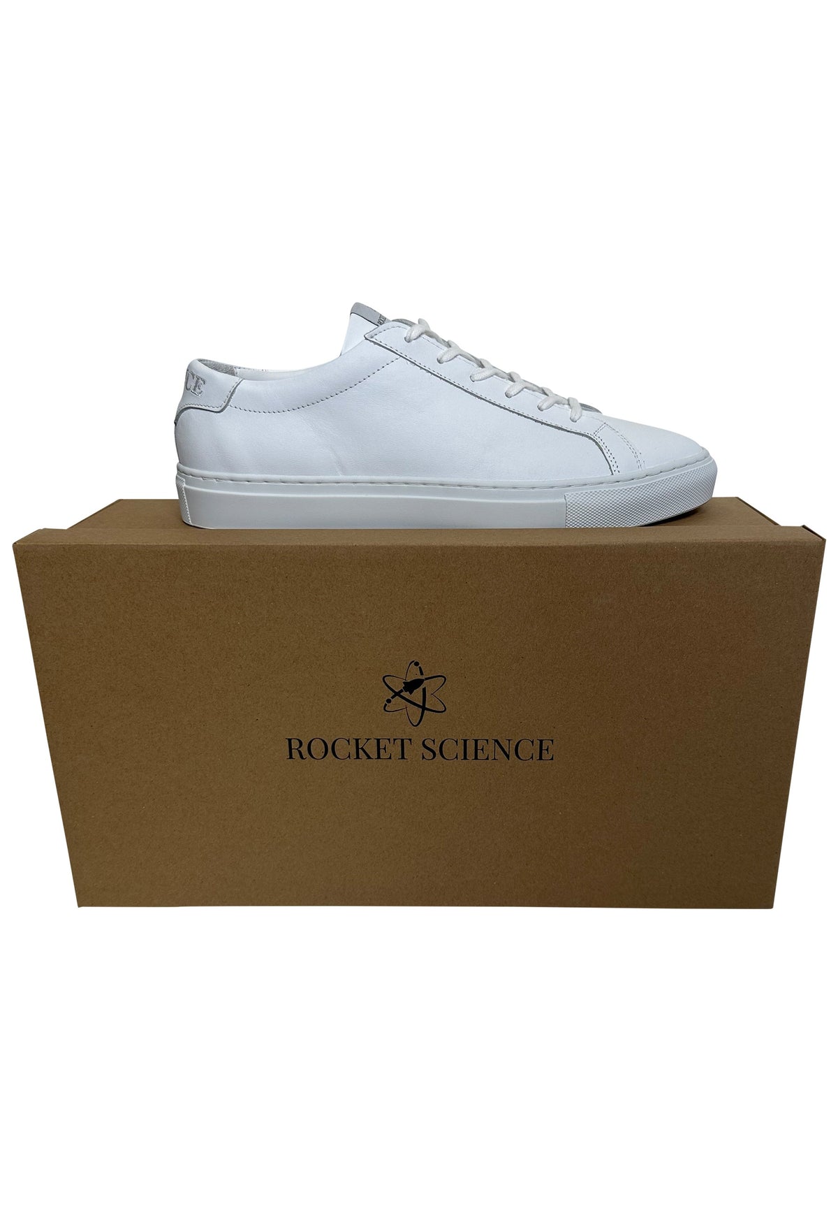 These are the white leather Moonwalker Low Sneakers by Rocket Science, featuring a clean low-top silhouette and textured rubber outsoles.