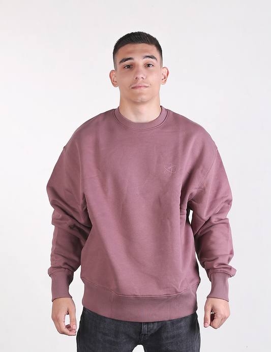 A young man stands facing forward against a plain, light grey background, wearing a mauve-colored oversized crewneck sweatshirt and dark charcoal or black jeans.