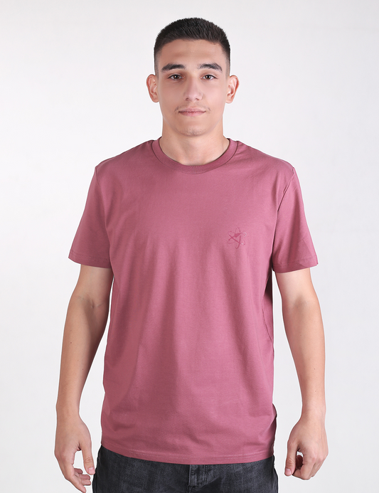 A young man with short dark hair standing against a plain white background, wearing a mauve crew-neck T-shirt and dark pants.