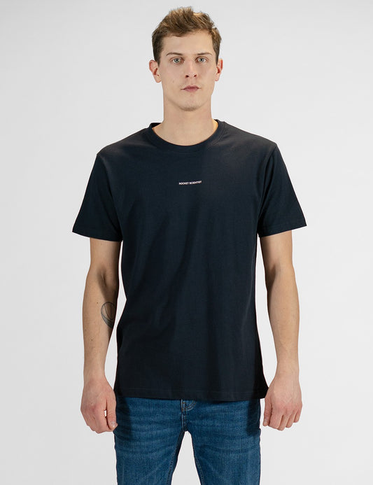 Navy blue crew neck t-shirt worn by male model with the words 'Rocket Scientist' on the front. 